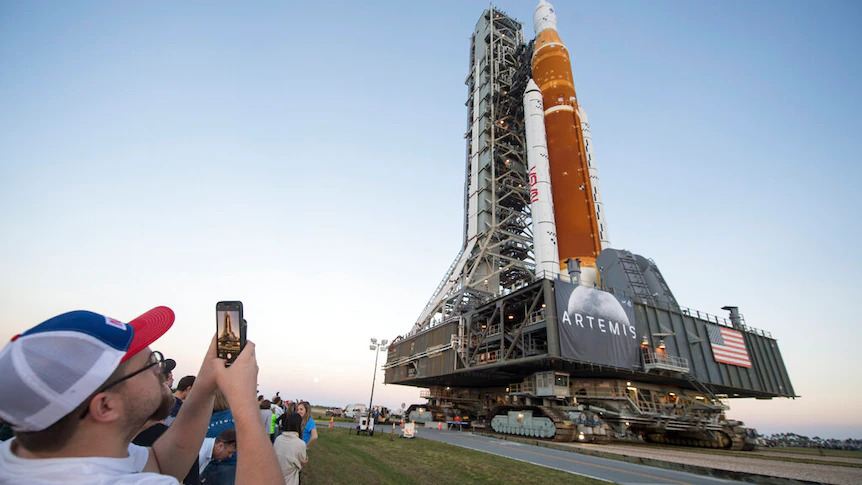 NASA's Artemis rocket, with the Orion spacecraft onboard, started its journey to the launch pad.(AP: Aubrey Gemignani)