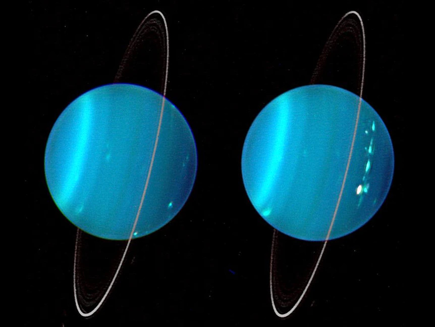 Uranus, seen here in infrared light from the Keck Telescope, is surrounded by a fine ring and moons that circle the equator.(Supplied: Lawrence Sromovsky, University of Wisconsin-Madison/W.W. Keck Observatory)