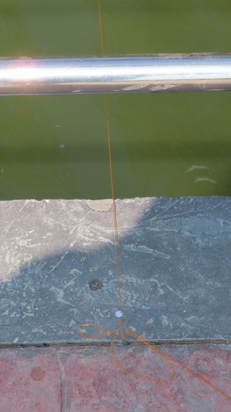 Line attached to nail hammered into walkway.